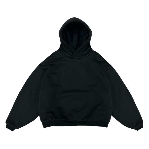 BOXY DOUBLE LAYER BIG FACE HOODIE - BLACK